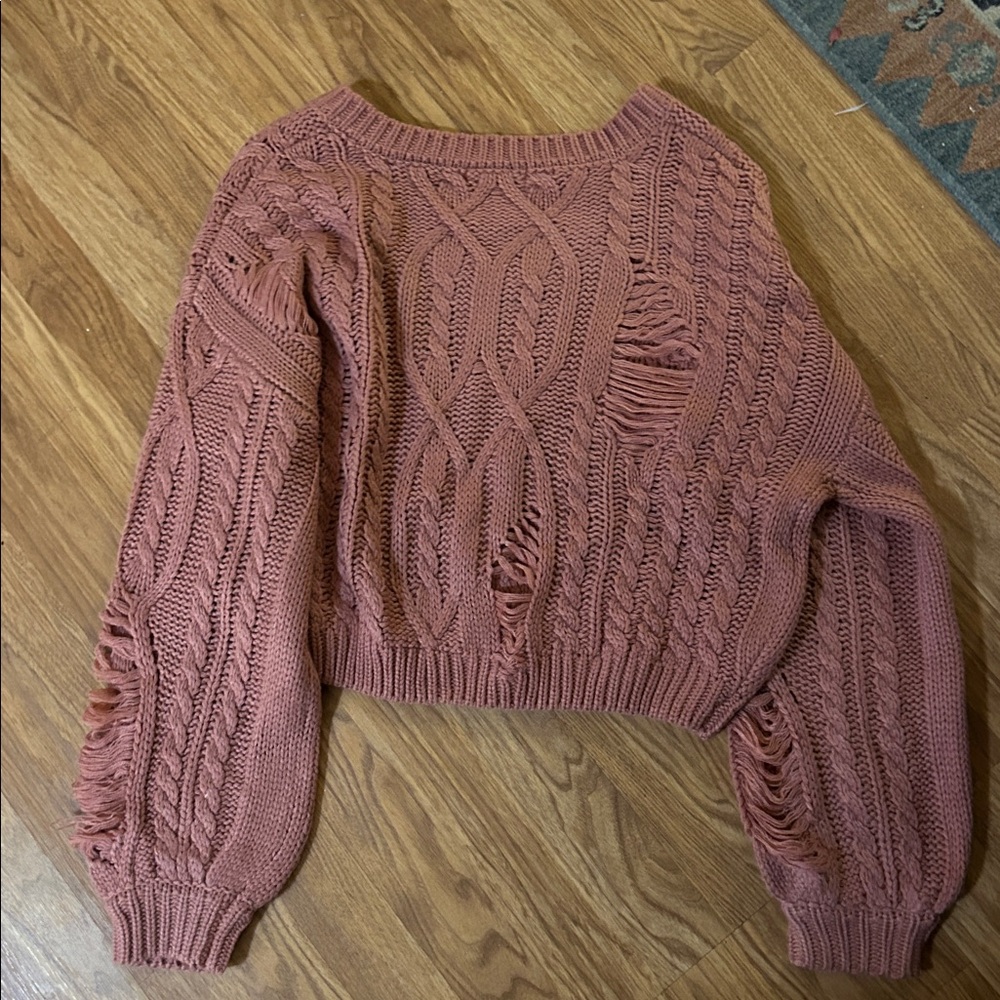 Willow Dusty Rose Cable Knit V-Neck Sweater - Picture 7 of 7